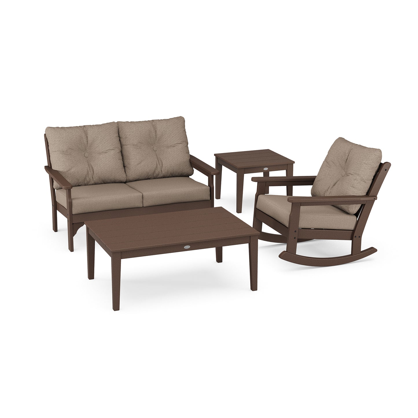 A luxury outdoor POLYWOOD Vineyard 4-Piece Deep Seating Rocker Set on a white background, including a rocking chair, a two-seater sofa with cushions, a single armchair with cushions, and a small square table, all in matching dark.