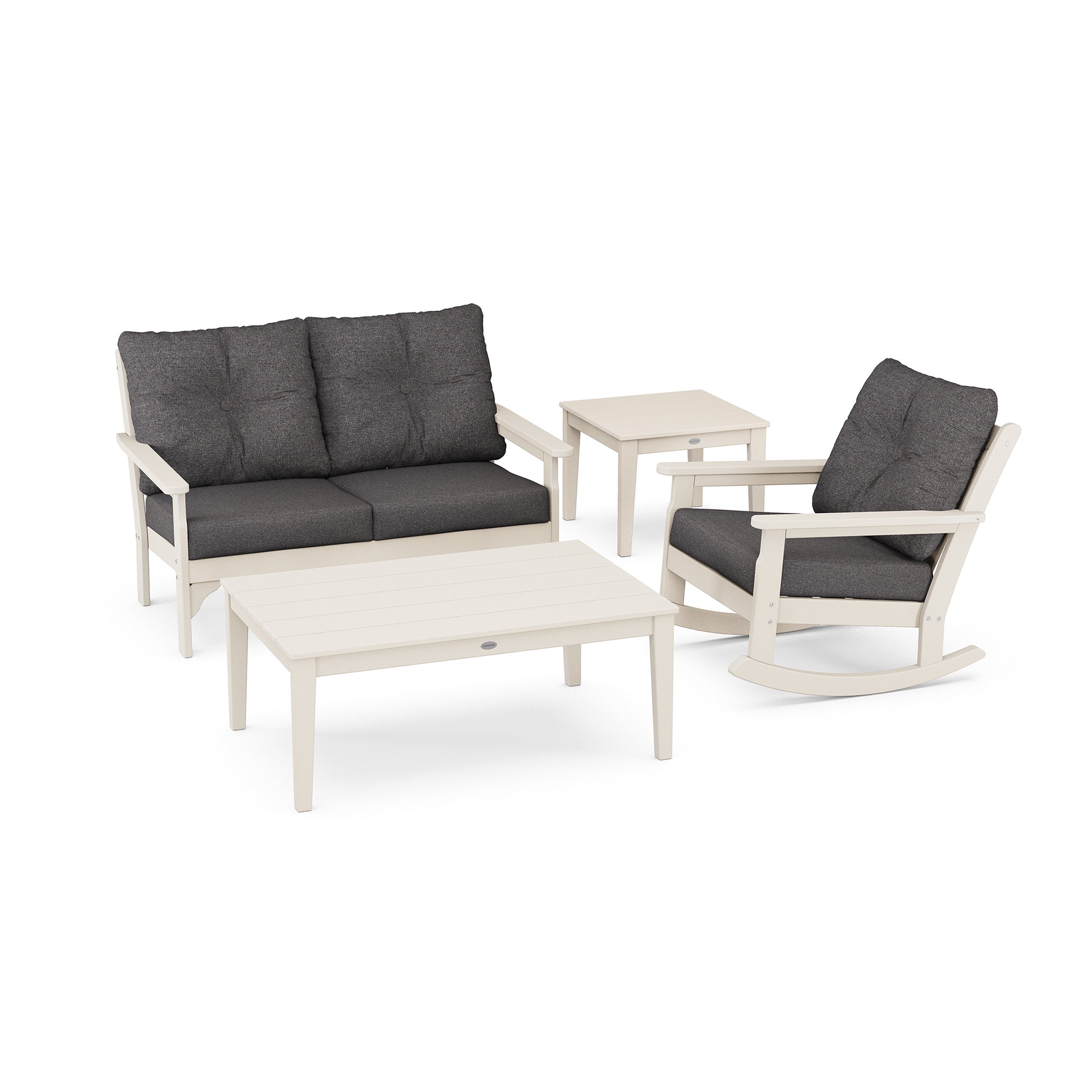 Luxury white POLYWOOD Vineyard 4-Piece Deep Seating Rocker Set with a loveseat, rocker, tables, and elegant dark gray cushions.