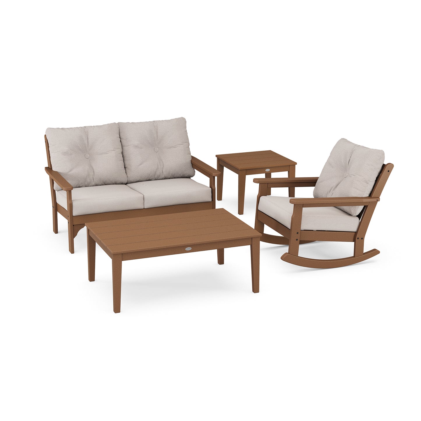 A luxury outdoor furniture set consisting of a POLYWOOD Vineyard 4-Piece Deep Seating Rocker Set, all made of wood with brown finish and equipped with light gray cushions. The chair on the right