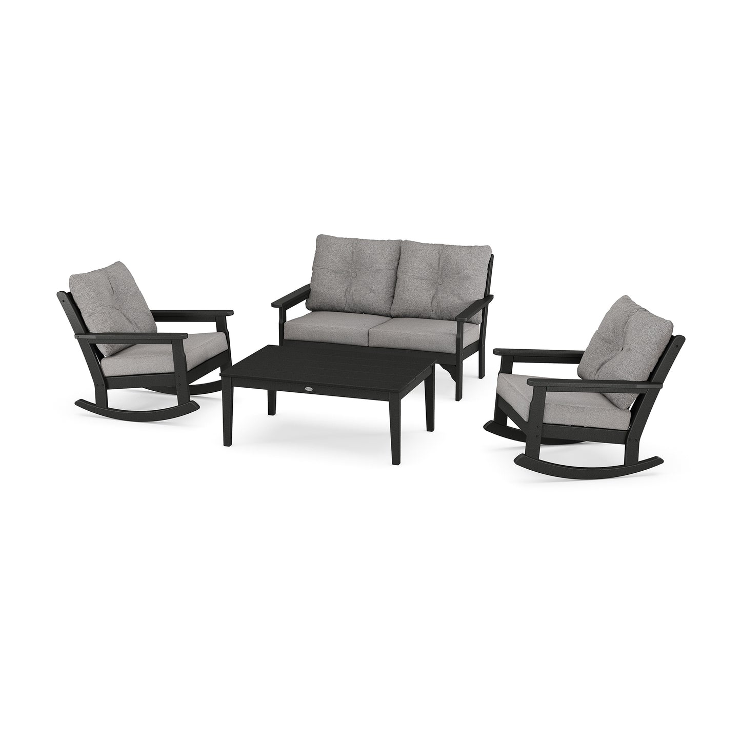 Four-piece POLYWOOD Vineyard Deep Seating Set featuring two rocking chairs, a sofa, and a coffee table, all in black with gray cushions, isolated on a white background.