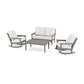 A luxury outdoor POLYWOOD Vineyard 4-Piece Deep Seating Rocking Chair Set including two rocking chairs, a loveseat, and a coffee table, all in gray with white cushions, displayed on a white background.