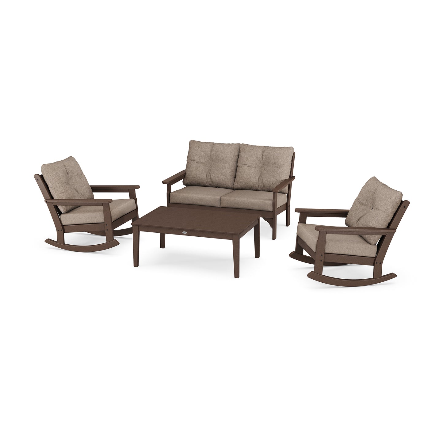 A POLYWOOD Vineyard Deep Seating Set consisting of two rocking chairs, a loveseat, and a coffee table, all made of brown synthetic material with light brown cushions.