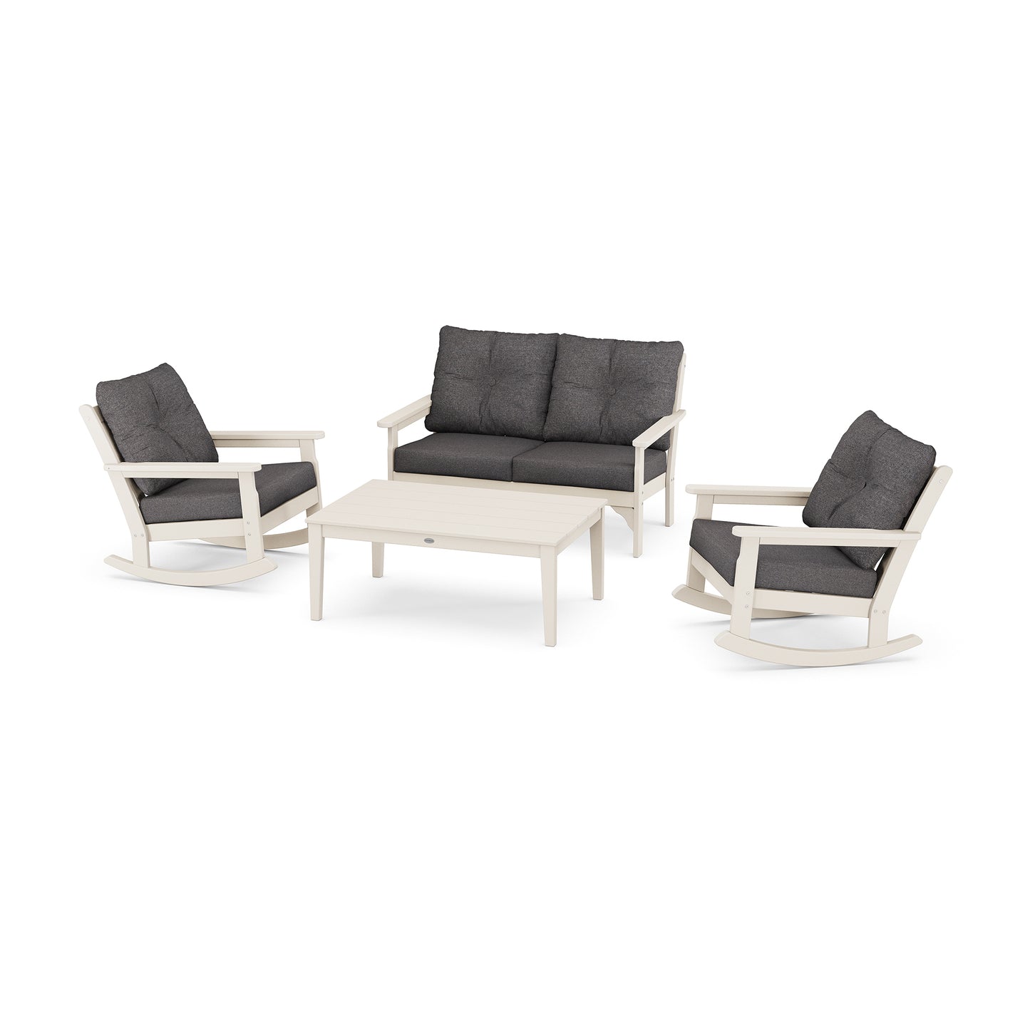 POLYWOOD Vineyard furniture set featuring durable rockers, a loveseat with gray cushions, and a white coffee table.