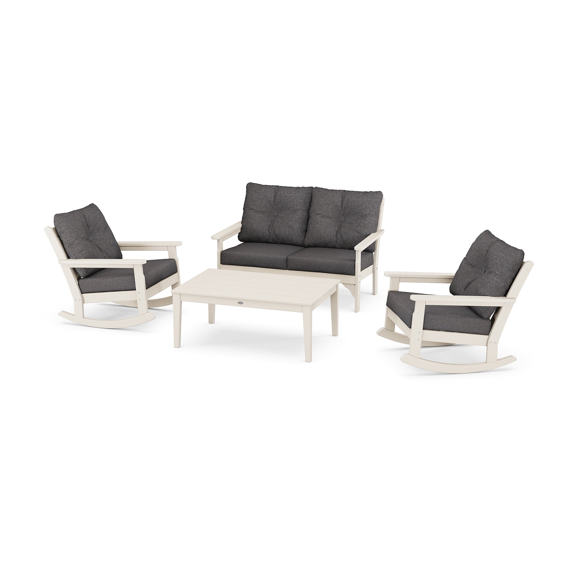 POLYWOOD Vineyard furniture set featuring durable rockers, a loveseat with gray cushions, and a white coffee table.