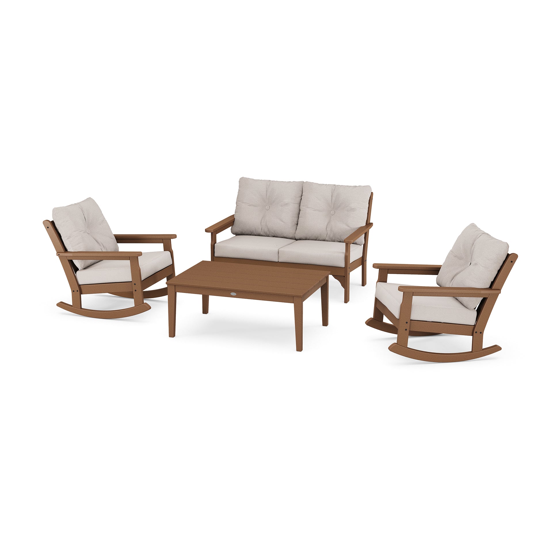 A POLYWOOD Vineyard 4-Piece Deep Seating Rocking Chair Set, including two rocking chairs, a love seat, and a coffee table, all made of POLYWOOD® lumber frames with white cushions. The set is displayed on