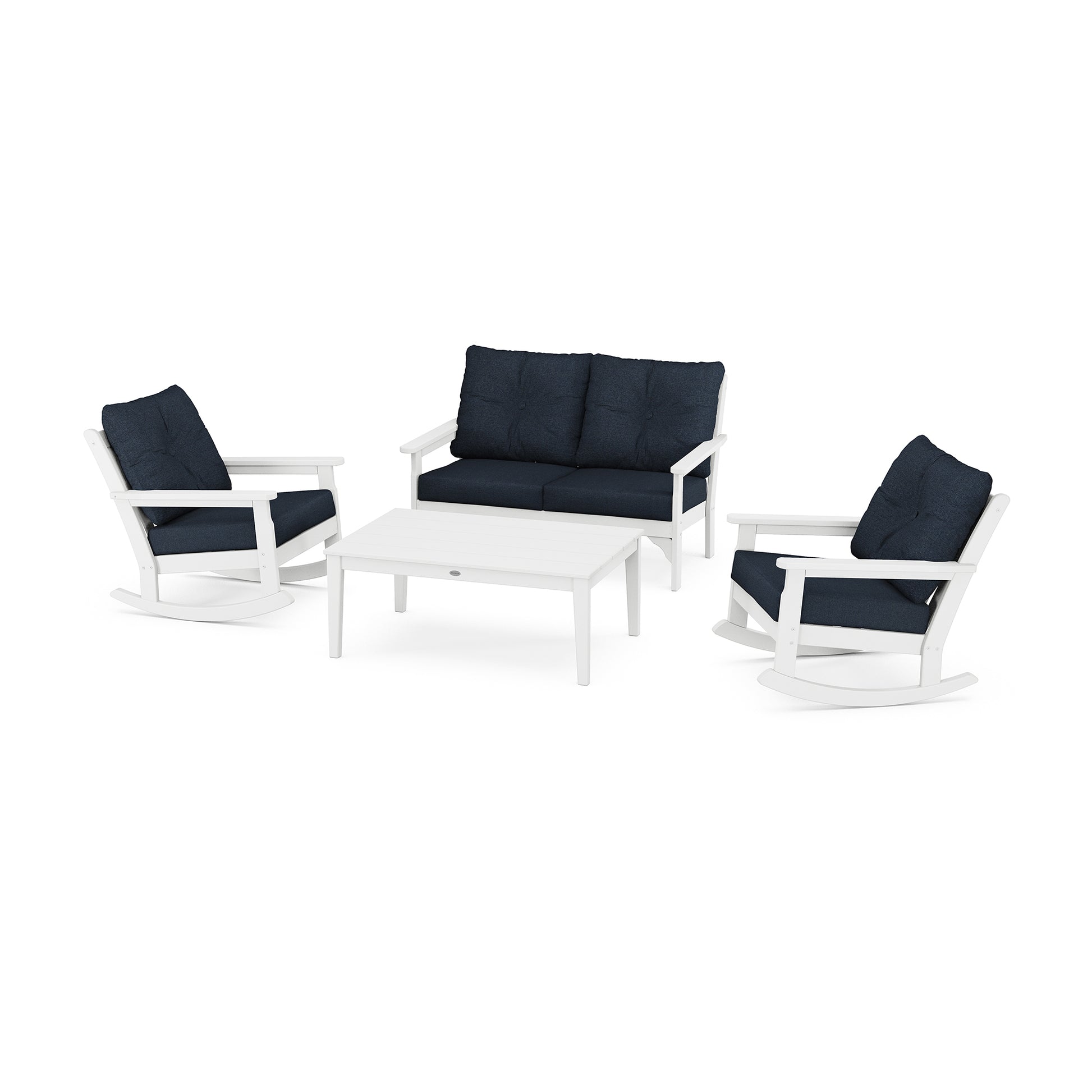 Three-piece luxury outdoor furniture set featuring two POLYWOOD Vineyard rocking chairs and one POLYWOOD Vineyard loveseat, all with navy blue cushions, made from POLYWOOD® lumber frames, isolated on a white background.