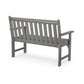 A three-dimensional digital rendering of a simple, grey POLYWOOD® Vineyard 48" Garden Bench with a slatted backrest and seat, armrests on both sides, isolated on a white background.