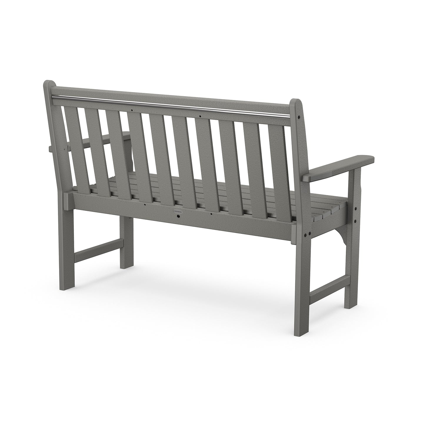 A three-dimensional digital rendering of a simple, grey POLYWOOD® Vineyard 48" Garden Bench with a slatted backrest and seat, armrests on both sides, isolated on a white background.