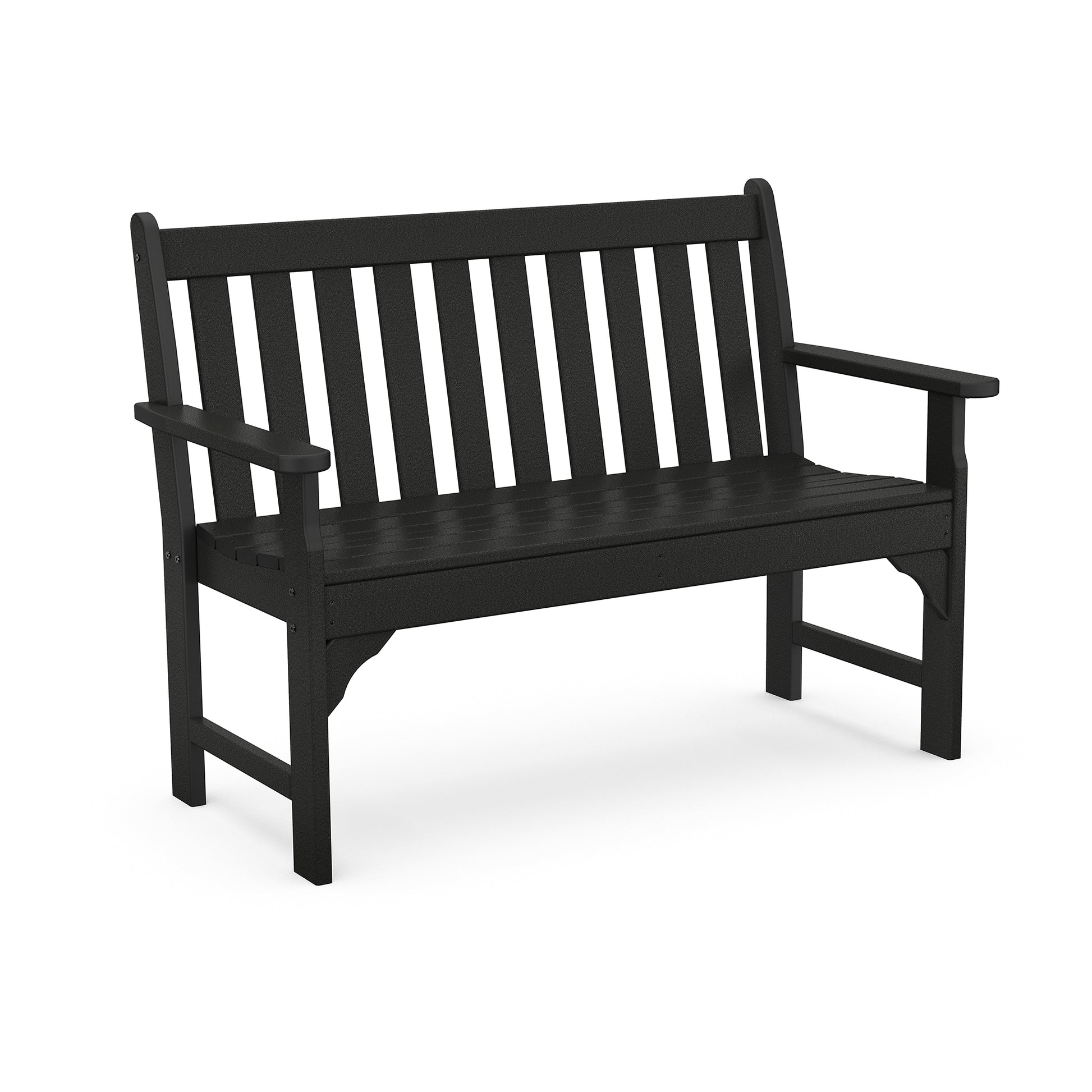POLYWOOD Vineyard 48" black garden bench with vertical slats and armrests, made from recycled plastic.
