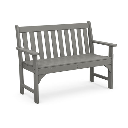 A simple gray garden bench made of recycled plastic, featuring a slatted back and seat with sturdy arm rests, isolated on a white background. - POLYWOOD Vineyard 48" Garden Bench by POLYWOOD