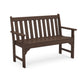 A simple brown POLYWOOD Vineyard 48" garden bench made of recycled plastic, featuring arm rests and a slightly curved backrest, positioned against a plain white background.