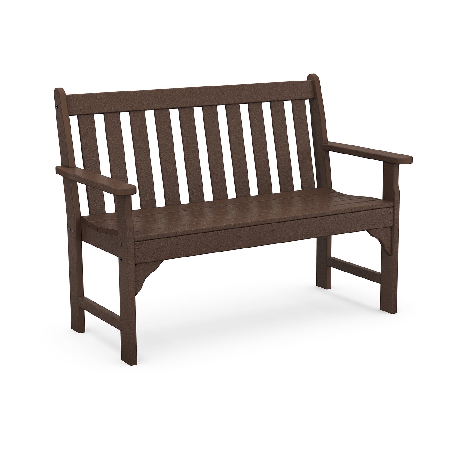 Dark brown POLYWOOD Vineyard 48" Garden Bench with slatted backrest and armrests.
