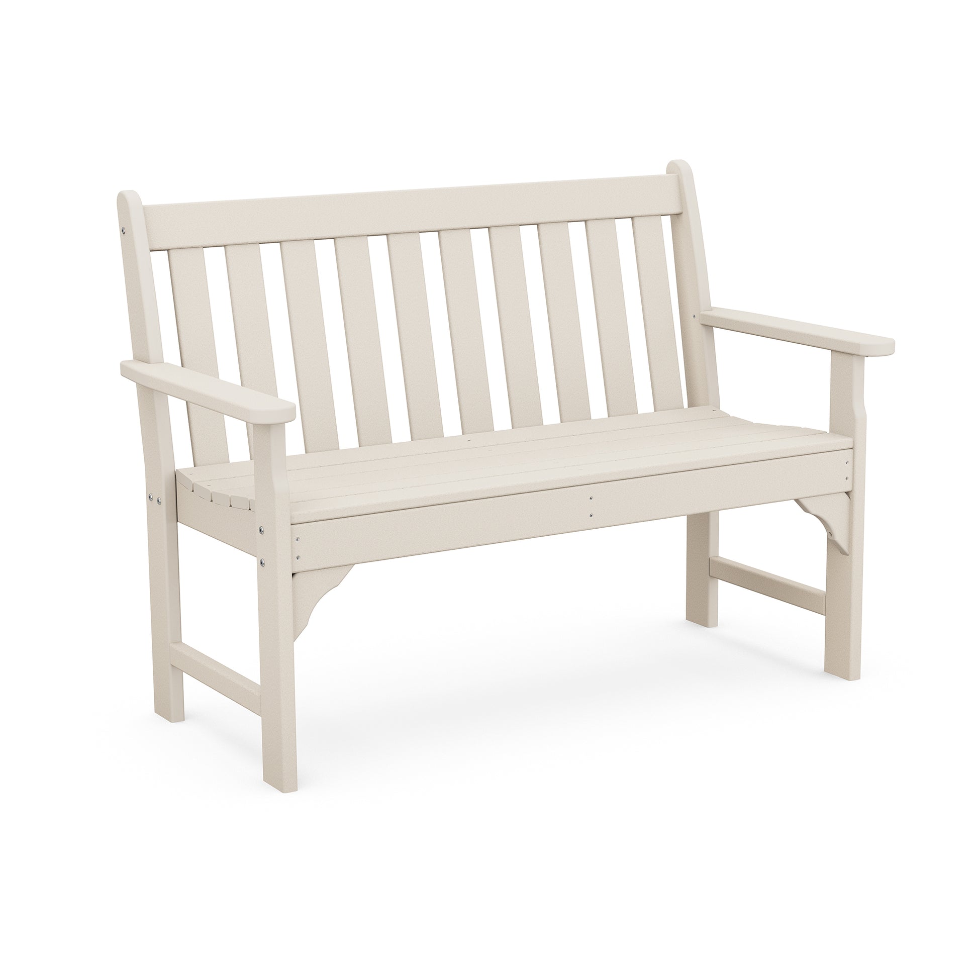POLYWOOD Vineyard 48" Garden Bench made from recycled plastic featuring a slatted back, seat, and armrests for outdoor comfort.