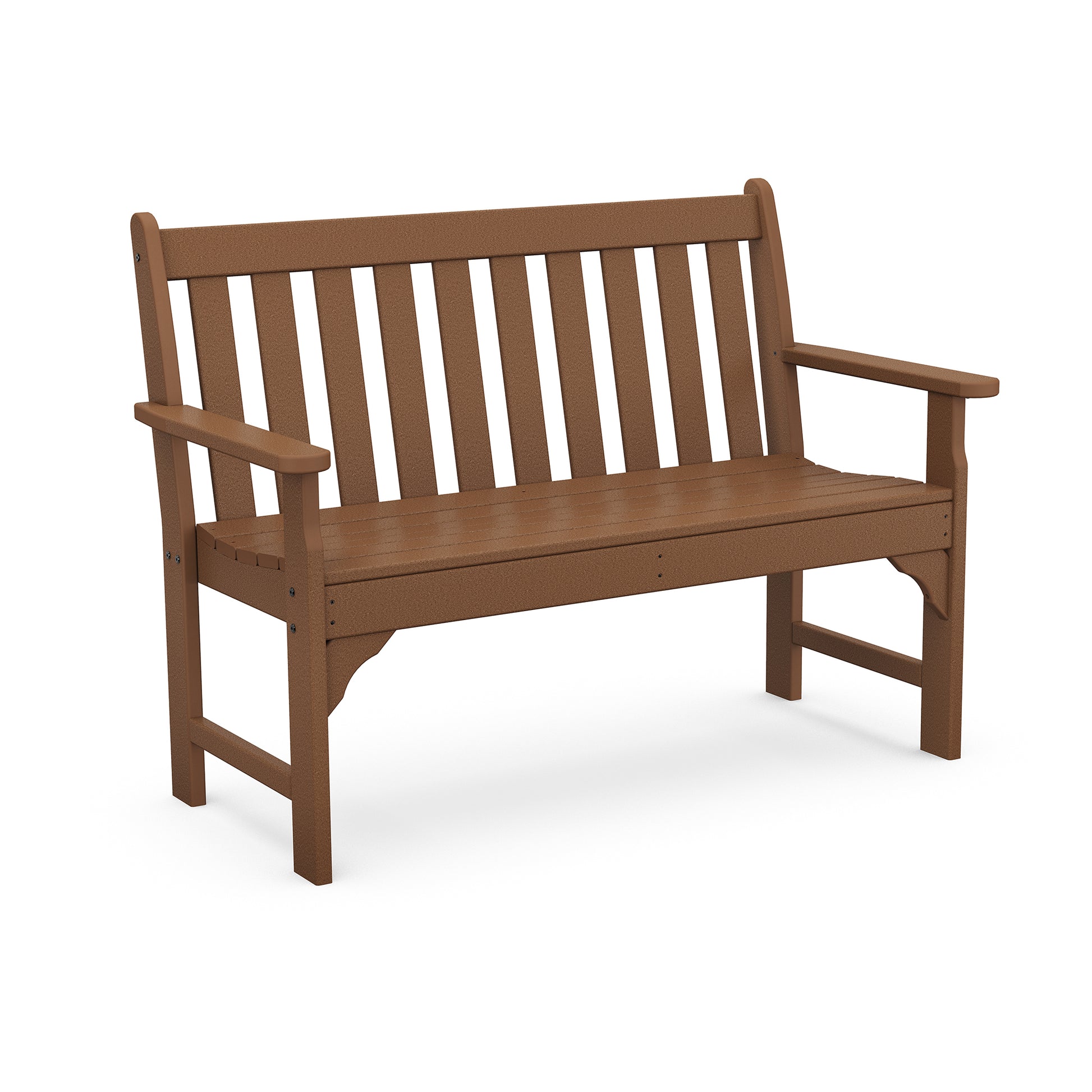 POLYWOOD Vineyard 48" Garden Bench made from eco-friendly recycled plastic with classic vertical slats and armrests.