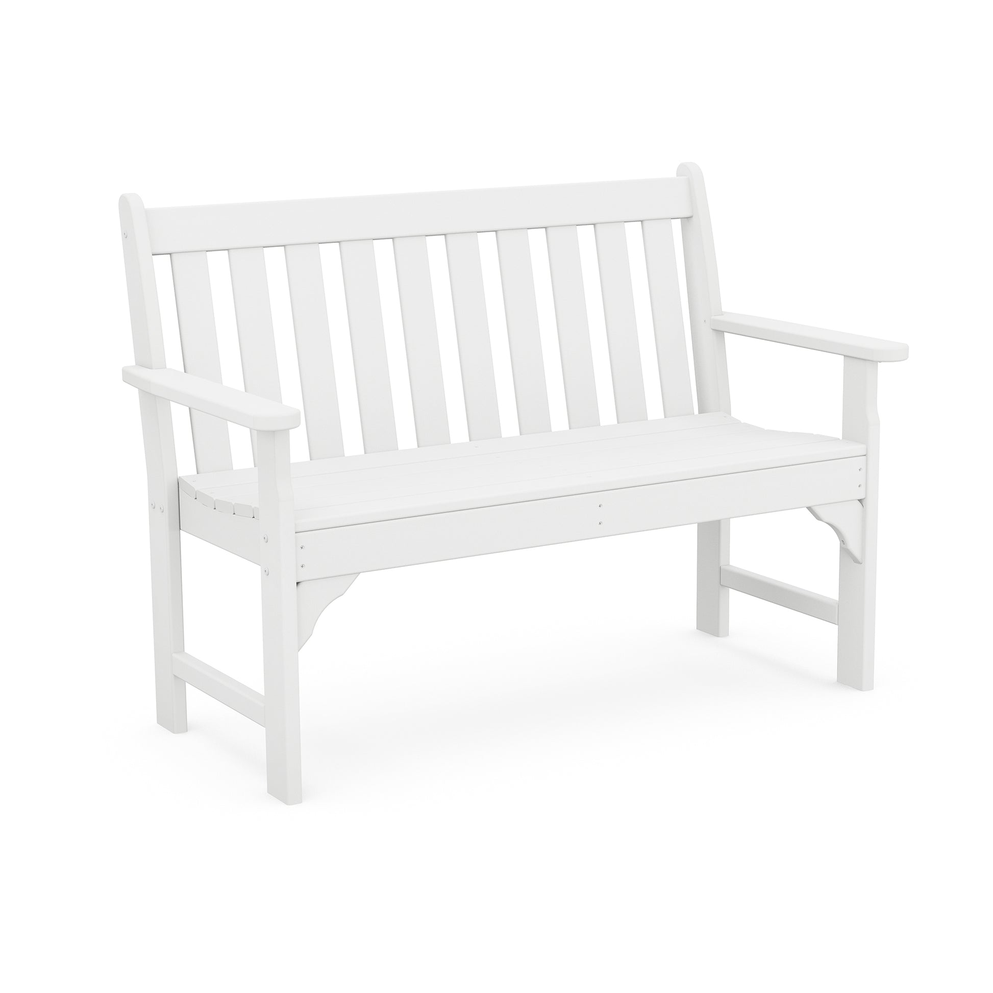 POLYWOOD Vineyard 48" Garden Bench featuring vertical slats and armrests.