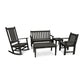 A set of black POLYWOOD® Vineyard 5-Piece Bench & Rocking Chair Set consisting of a rocking chair, a bench, two armchairs, and a small rectangular coffee table, arranged on a white background.