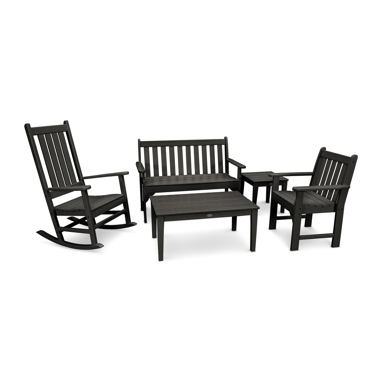 POLYWOOD Vineyard 5-Piece Set featuring a bench, rocking chair, loveseat, and tables made with sustainable craftsmanship.
