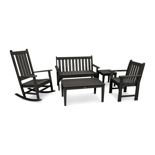POLYWOOD Vineyard 5-Piece Set featuring a bench, rocking chair, loveseat, and tables made with sustainable craftsmanship.