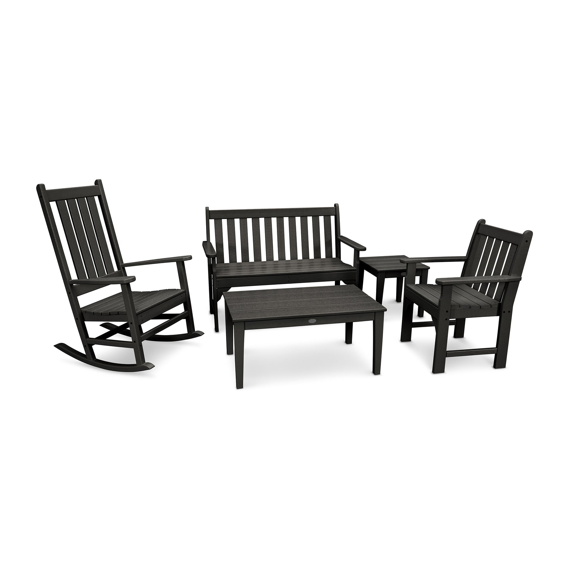 A set of black POLYWOOD Vineyard 5-Piece Bench & Rocking Chair Outdoor Furniture including two chairs, one rocking chair, a bench, and a small rectangular table, all displayed on a white background.