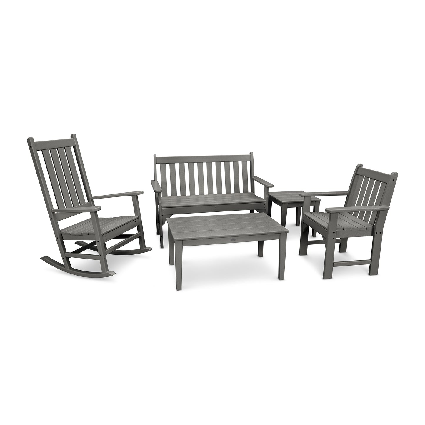A set of POLYWOOD Vineyard 5-Piece Bench & Rocking Chair Set in gray, including a rocking chair, a bench, an armchair, and a small rectangular table, displayed on a plain white background.
