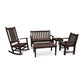 A set of dark brown POLYWOOD Vineyard 5-Piece Bench & Rocking Chair Set featuring a rocking chair, a bench, an armchair, and a low rectangular table, displayed on a plain white background.