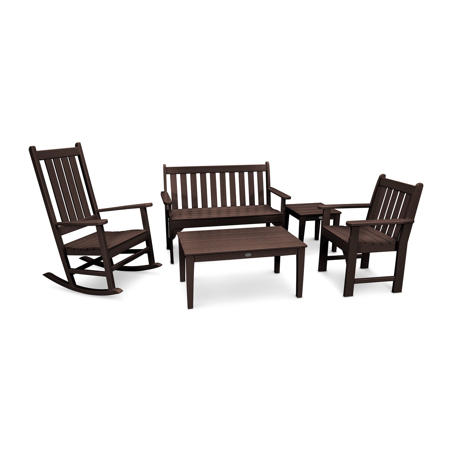 Vineyard 5-Piece set in dark wood featuring a POLYWOOD bench, rocking chair, two armchairs, and a rectangular coffee table.