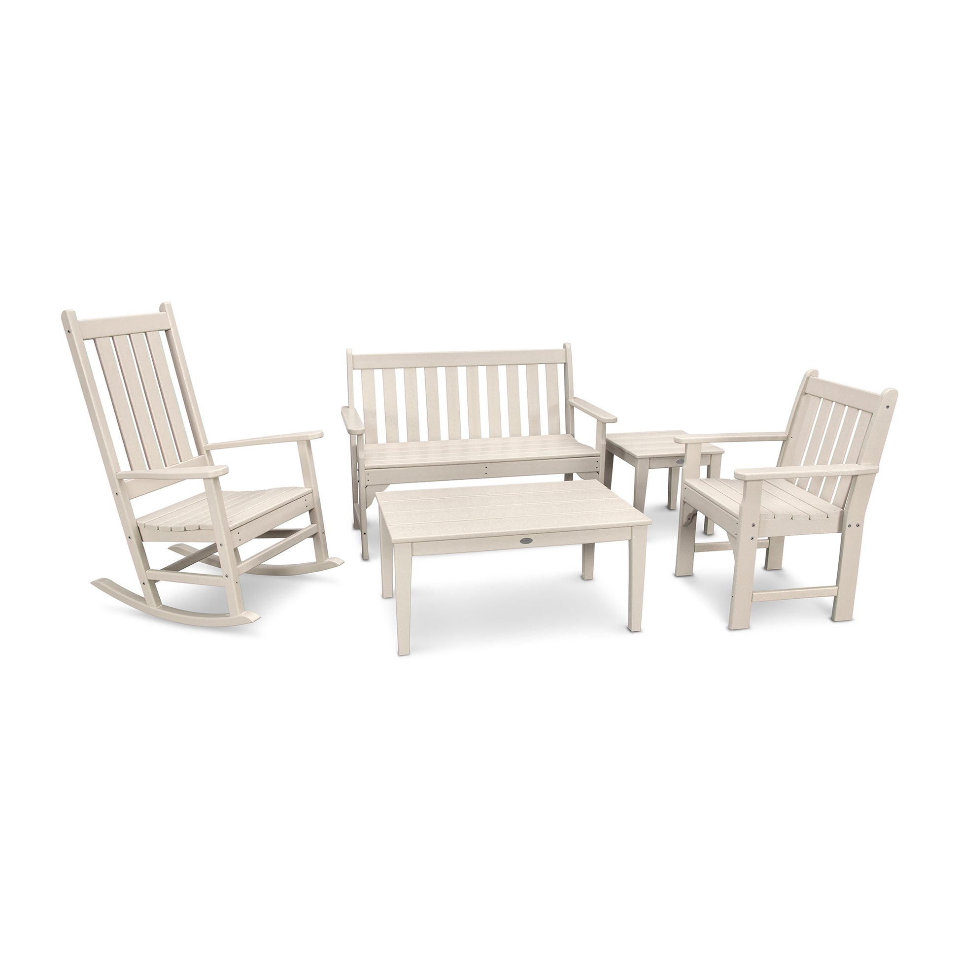 A set of beige POLYWOOD Vineyard 5-Piece Bench & Rocking Chair Set including a rocking chair, a bench, an armchair, and a small rectangular table, all positioned on a plain white background.