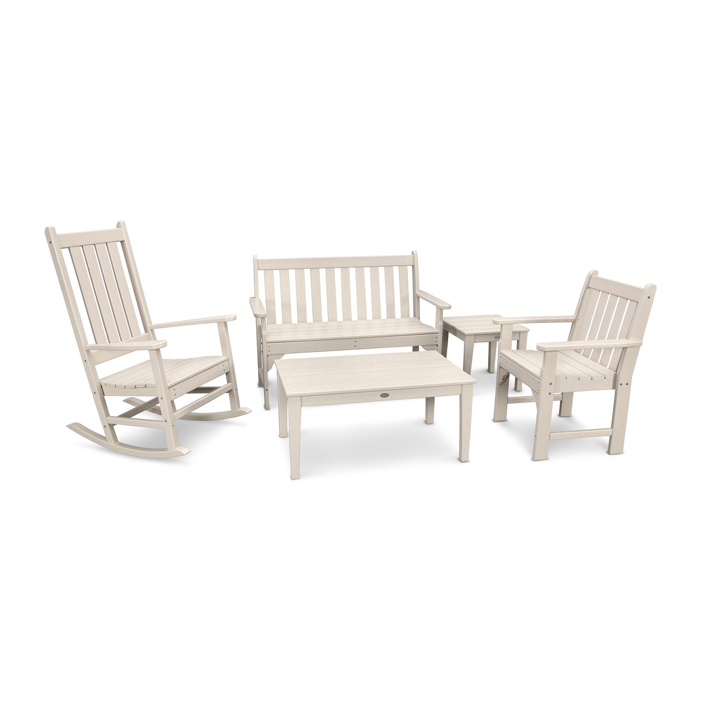 POLYWOOD Vineyard 5-Piece set featuring a light beige bench, rocking chair, coffee table, side table, and armchair with slatted designs.