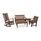 A set of POLYWOOD® Vineyard 5-Piece Bench & Rocking Chair Set consisting of a rocking chair, a bench, an armchair, and a coffee table displayed on a white background.