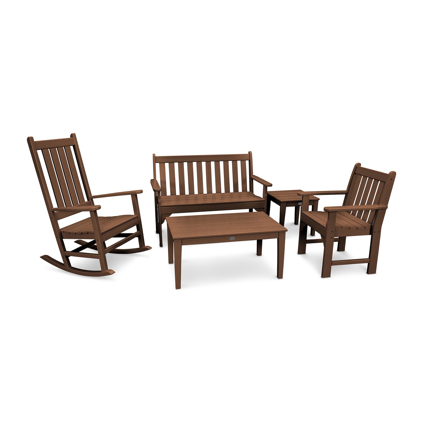 POLYWOOD Vineyard 5-Piece Set featuring a rocking chair, bench, armchair, and two dark brown slatted tables.