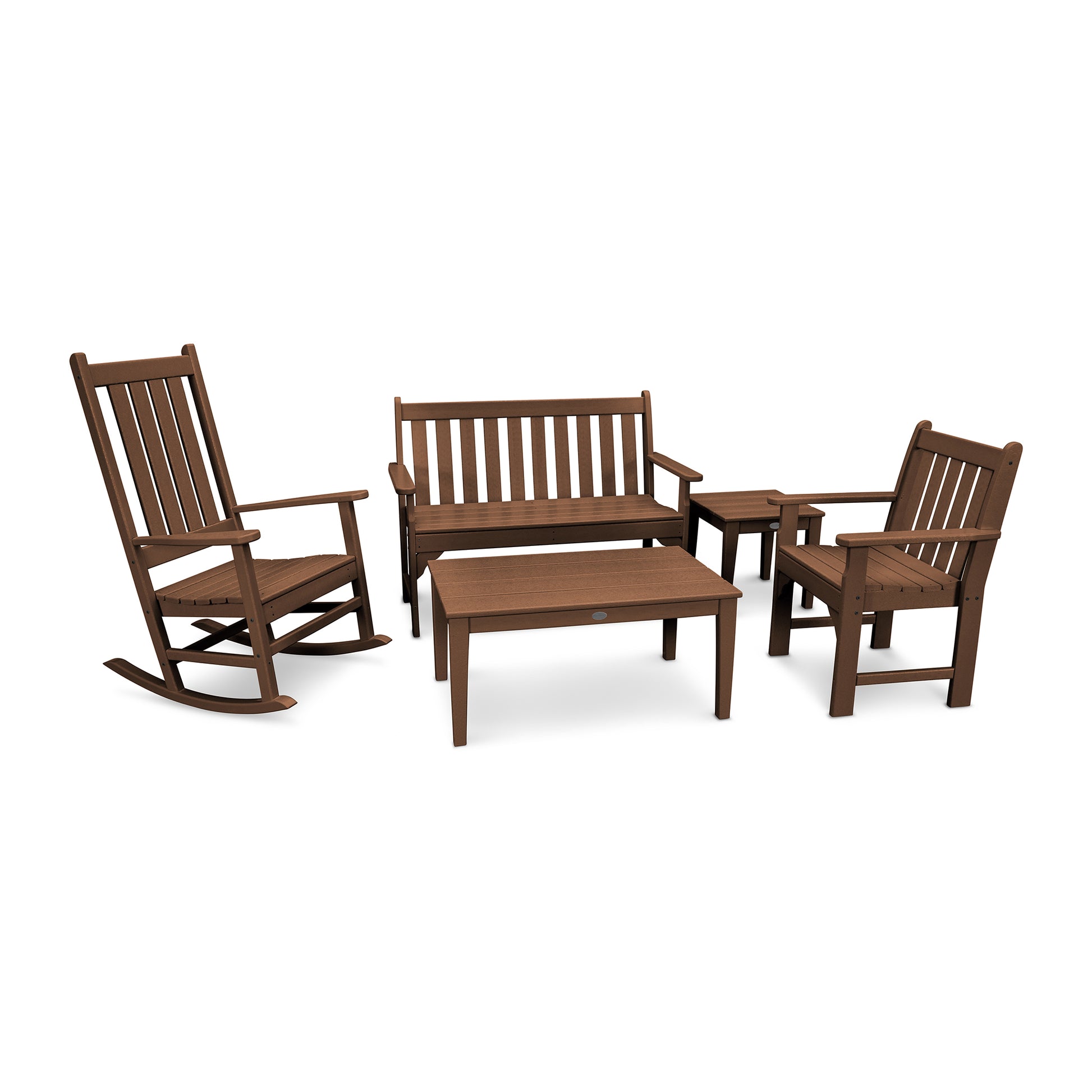 POLYWOOD Vineyard 5-Piece Set featuring a rocking chair, bench, armchair, and two dark brown slatted tables.