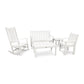 An outdoor furniture set featuring a POLYWOOD Vineyard 5-Piece Bench & Rocking Chair Set, all arranged on a.