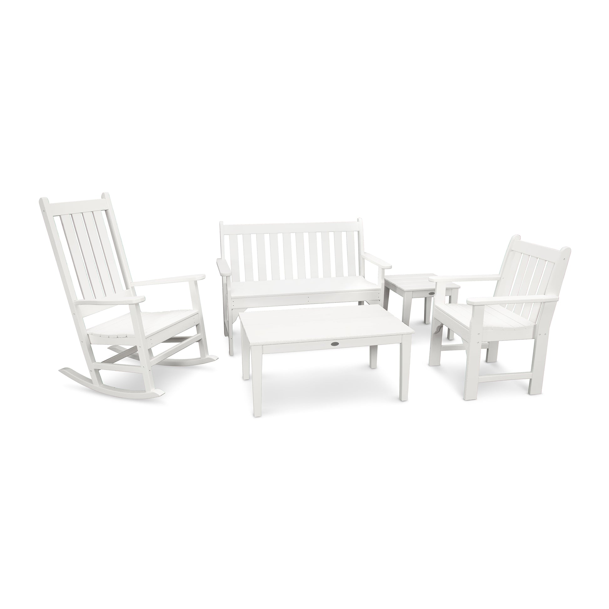POLYWOOD Vineyard 5-Piece Set with rocking chair, bench, armchairs, and tables made from sustainable materials.