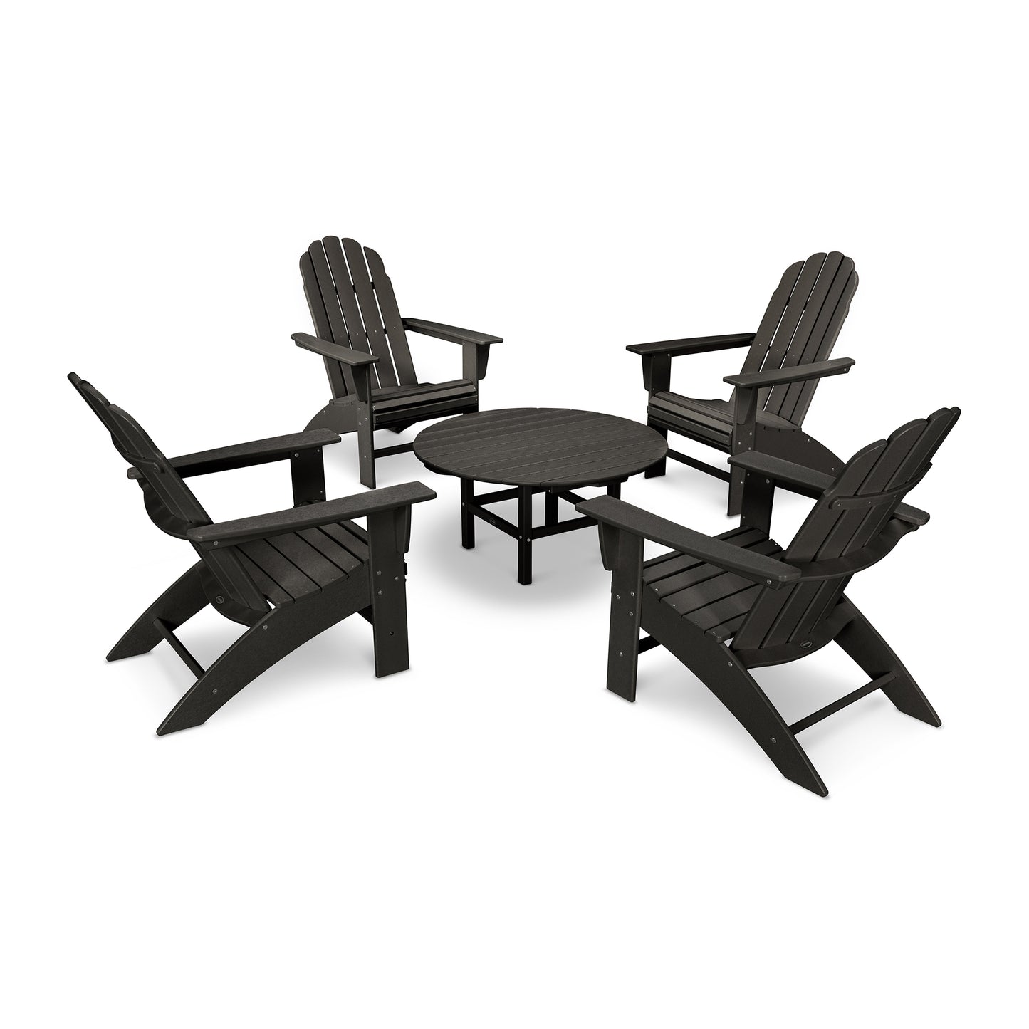Four POLYWOOD Vineyard Adirondack chairs arranged around a round outdoor table, all crafted from dark brown POLYWOOD lumber, displayed on a white background.