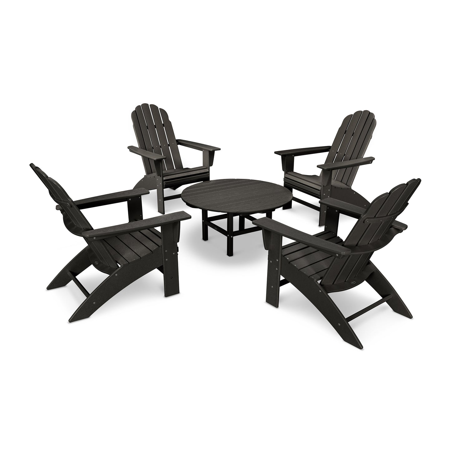 POLYWOOD Vineyard 5-Piece Adirondack Set with four sleek black chairs and a coordinating round table.