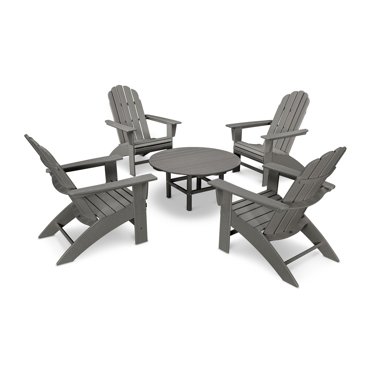 Four gray POLYWOOD Vineyard Adirondack chairs arranged around a small, round table on a white background, depicting a casual outdoor seating set-up.
