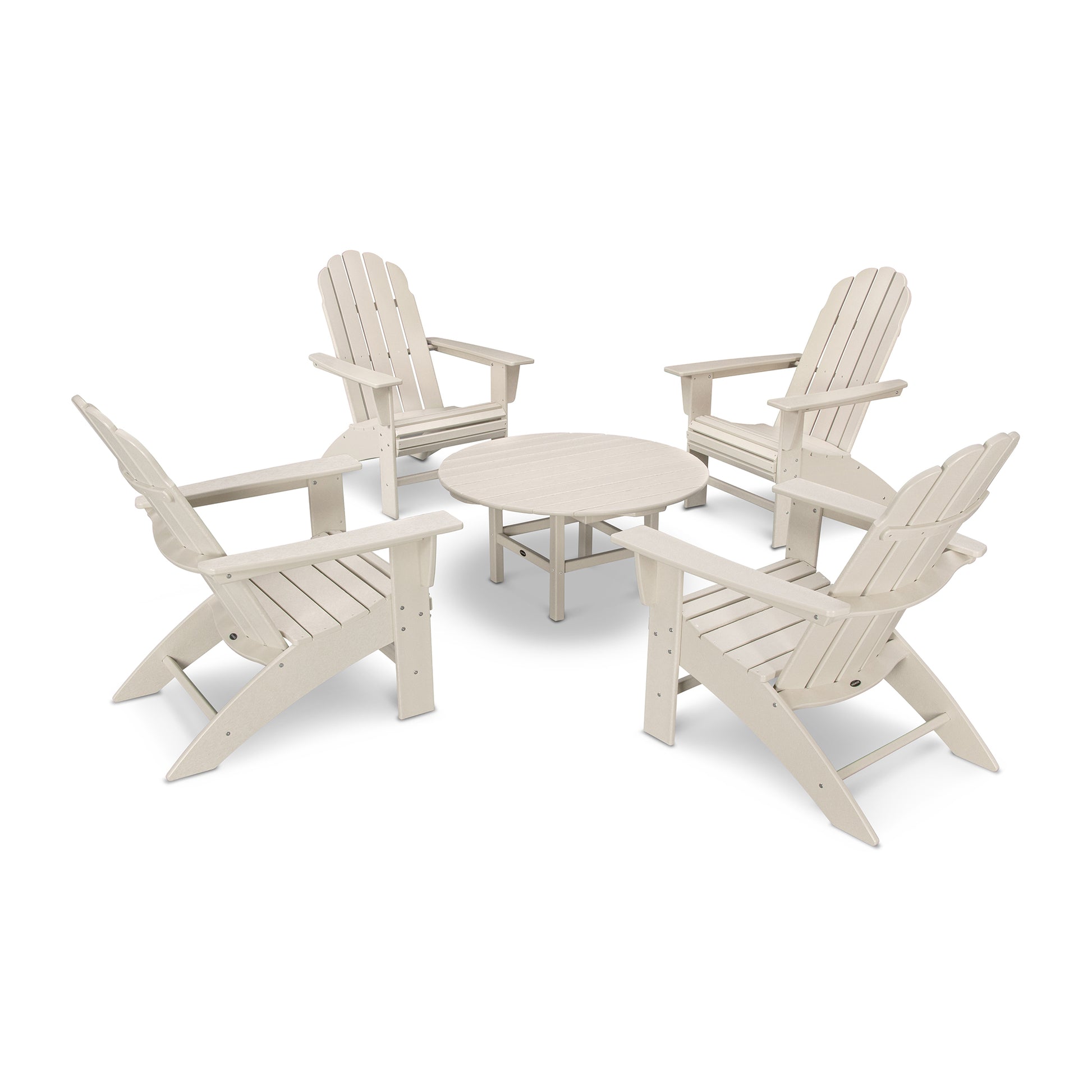 Four beige POLYWOOD Vineyard Adirondack chairs arranged around a small, matching round table on a plain white background.