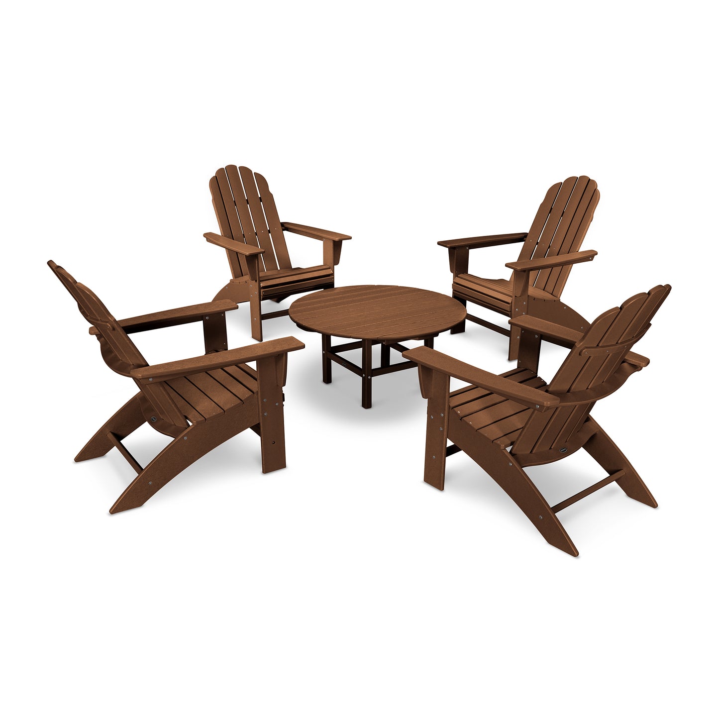 Elegant 5-piece outdoor set featuring four POLYWOOD Vineyard Adirondack chairs and a round table crafted from durable POLYWOOD lumber.