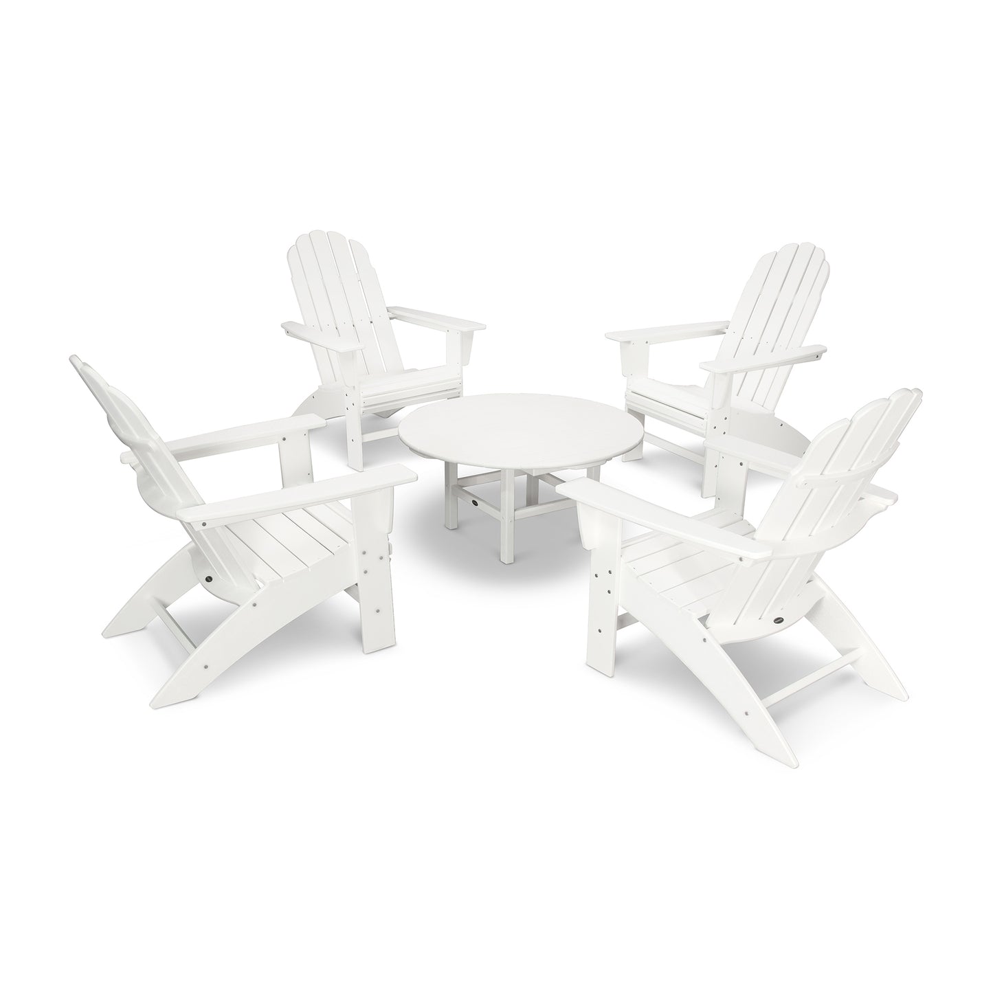 POLYWOOD Vineyard 5-Piece Oversized Adirondack Set featuring four white chairs and a matching table made of durable POLYWOOD lumber.