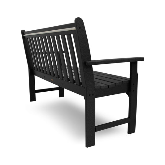 POLYWOOD Vineyard 60" Garden Bench in weather-resistant black with slatted design and armrests, ideal for outdoor settings.