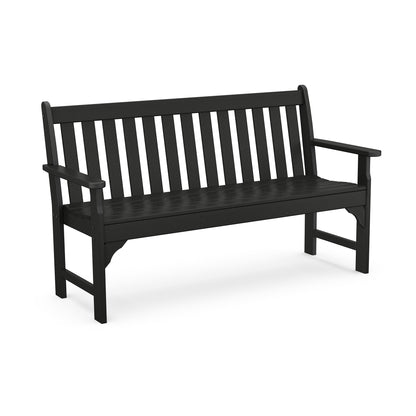 A black outdoor garden furniture bench made of POLYWOOD Vineyard, featuring armrests and a high back, isolated on a white background.