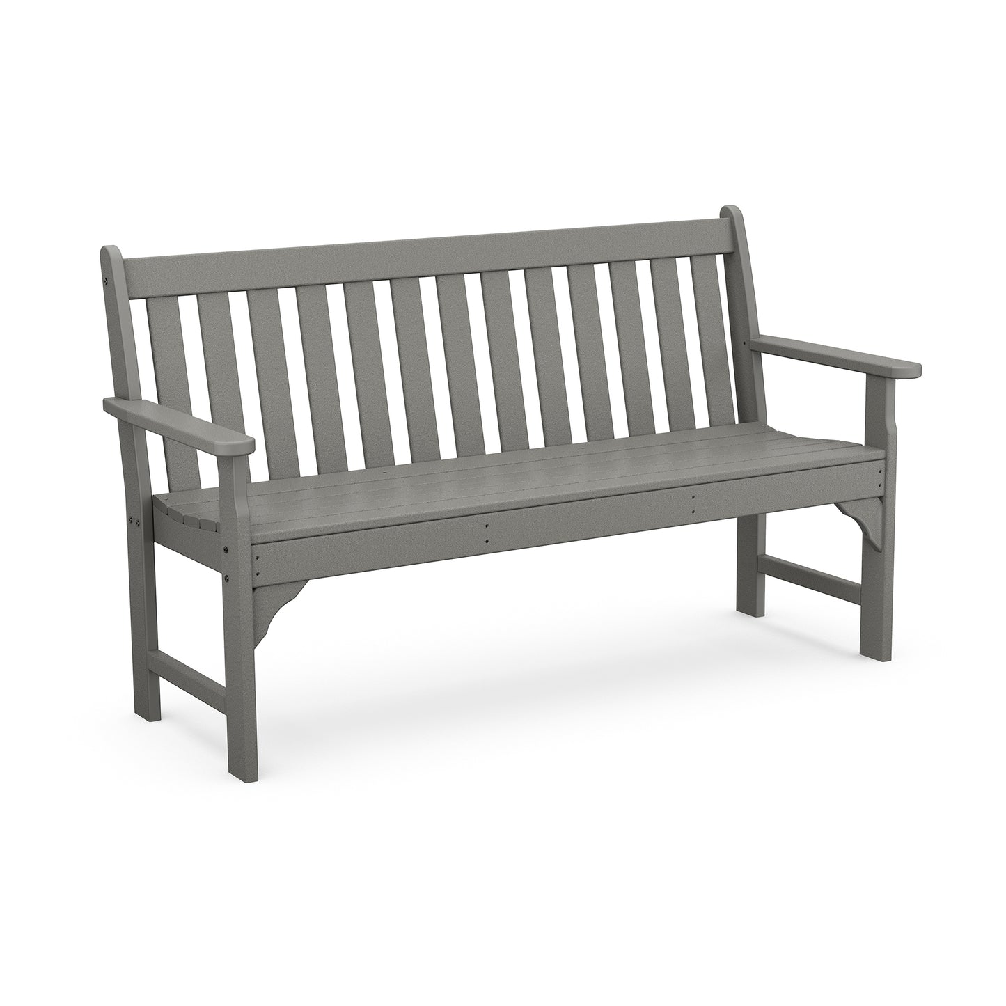 POLYWOOD Vineyard 60" Garden Bench in gray recycled plastic with slatted design and armrests.