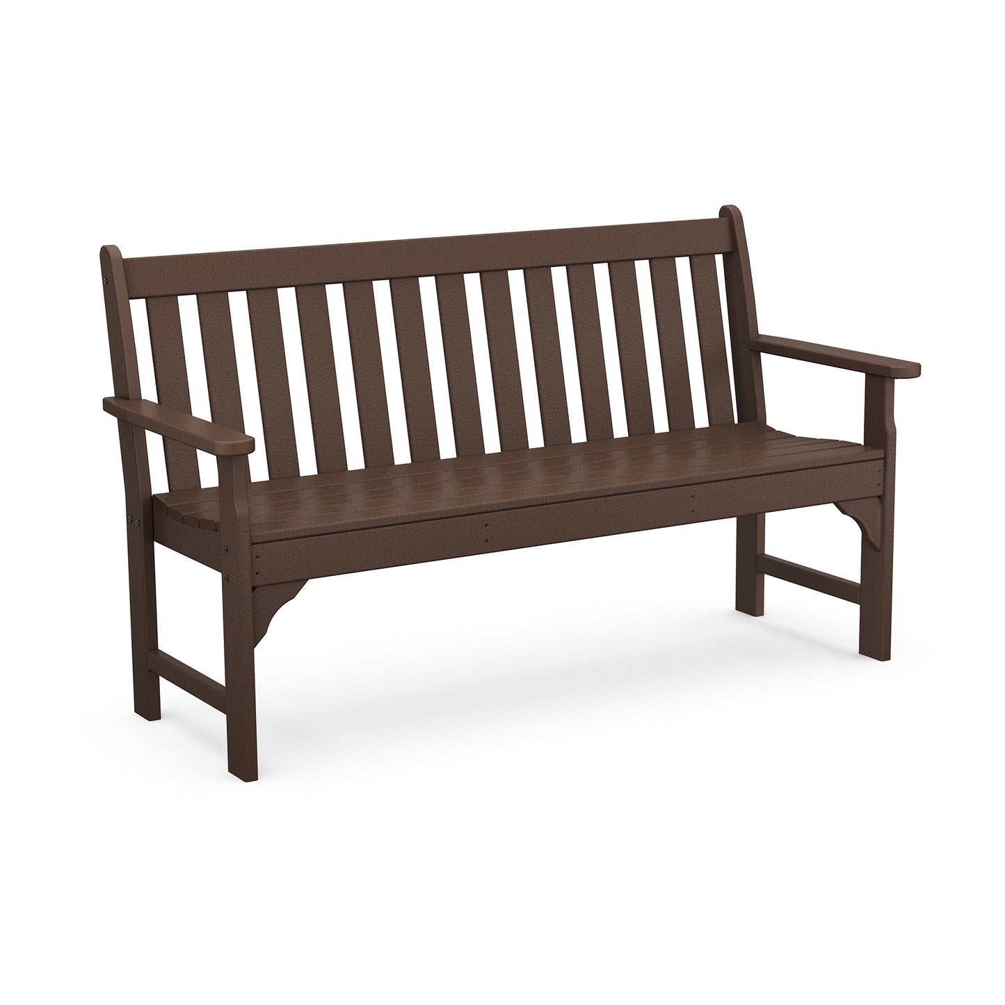 POLYWOOD Vineyard 60" Garden Bench in dark recycled plastic featuring vertical slats and armrests.