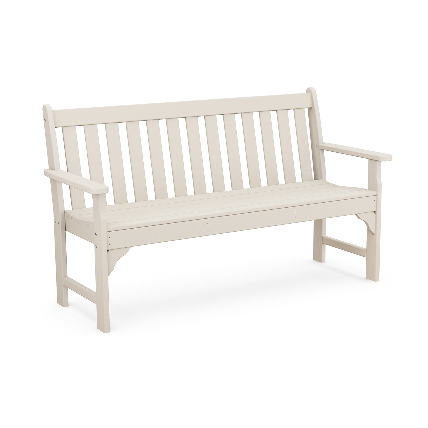 Off-white POLYWOOD Vineyard 60" Garden Bench with slatted backrest and armrests.