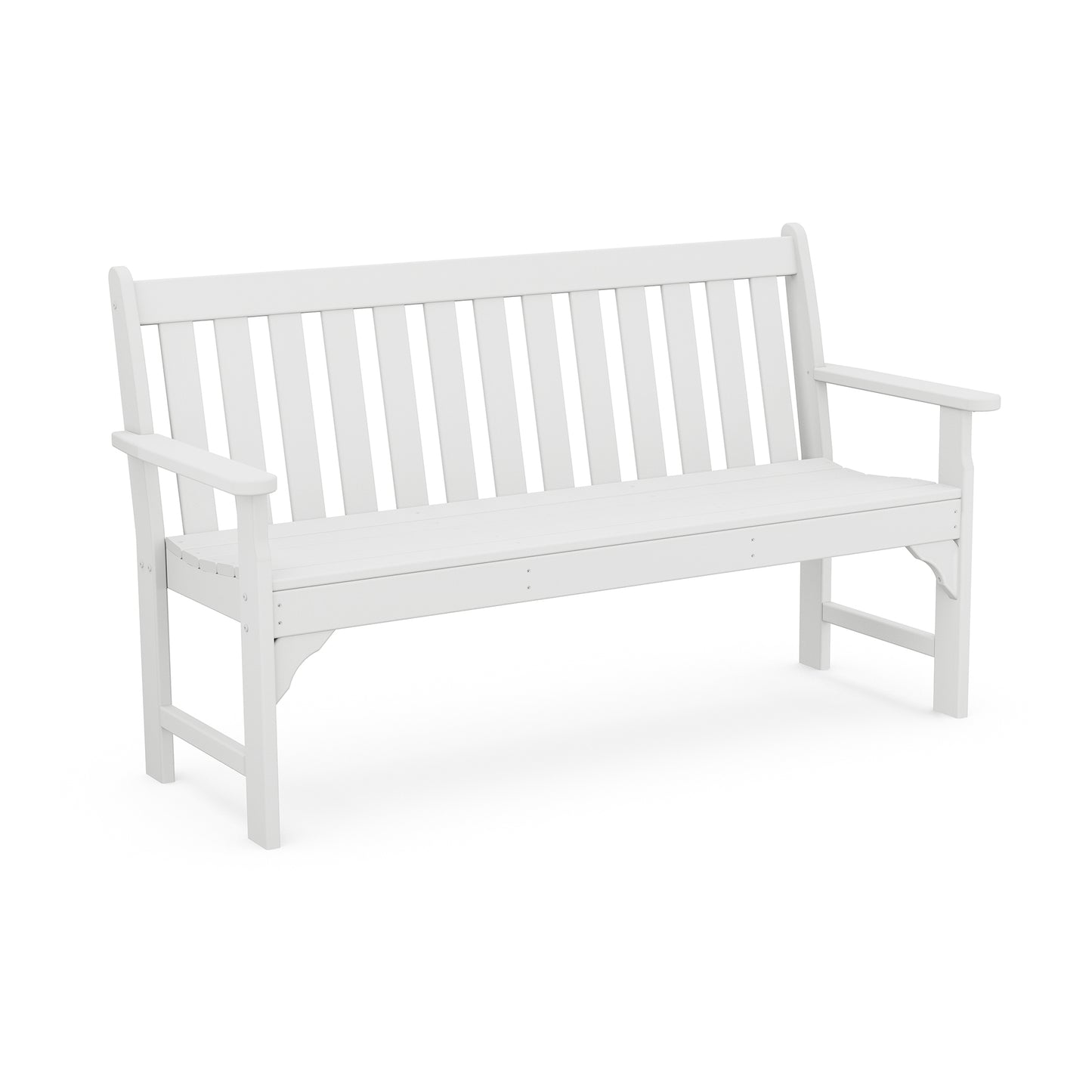 POLYWOOD Vineyard 60" Garden Bench, featuring a white slatted back and armrests, designed for outdoor seating.