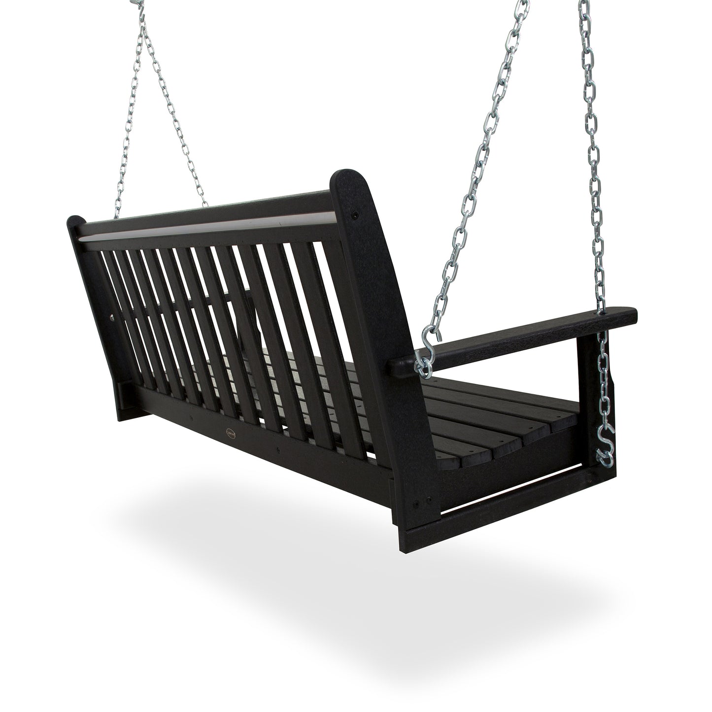 A black POLYWOOD® Vineyard 60" porch swing suspended by chains on a white background. The swing features a slatted seat and back, with sturdy armrests, designed for outdoor use.