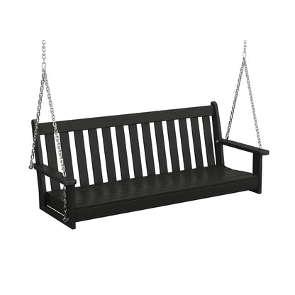 A black POLYWOOD® Vineyard 60" porch swing hanging by chains, featuring vertical slats and armrests, displayed against a white background.