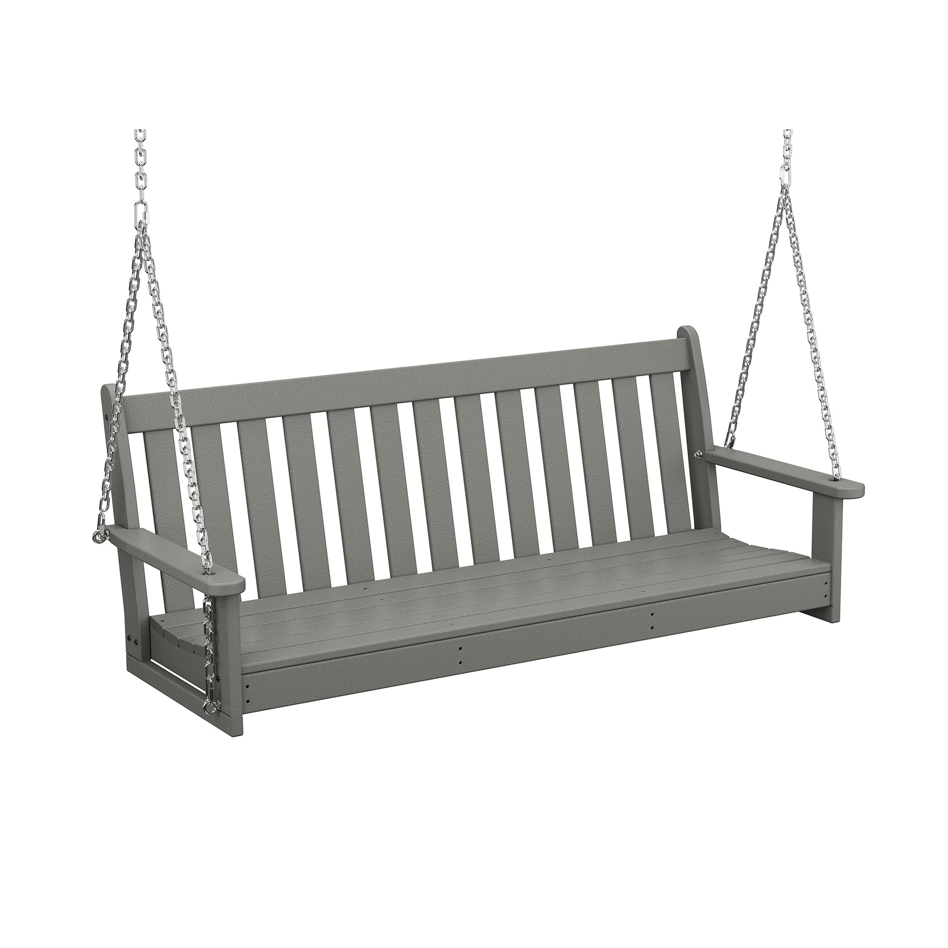 A gray POLYWOOD® Vineyard 60" porch swing suspended by chains against a white background. The swing features a slatted back and seat with armrests on both sides.