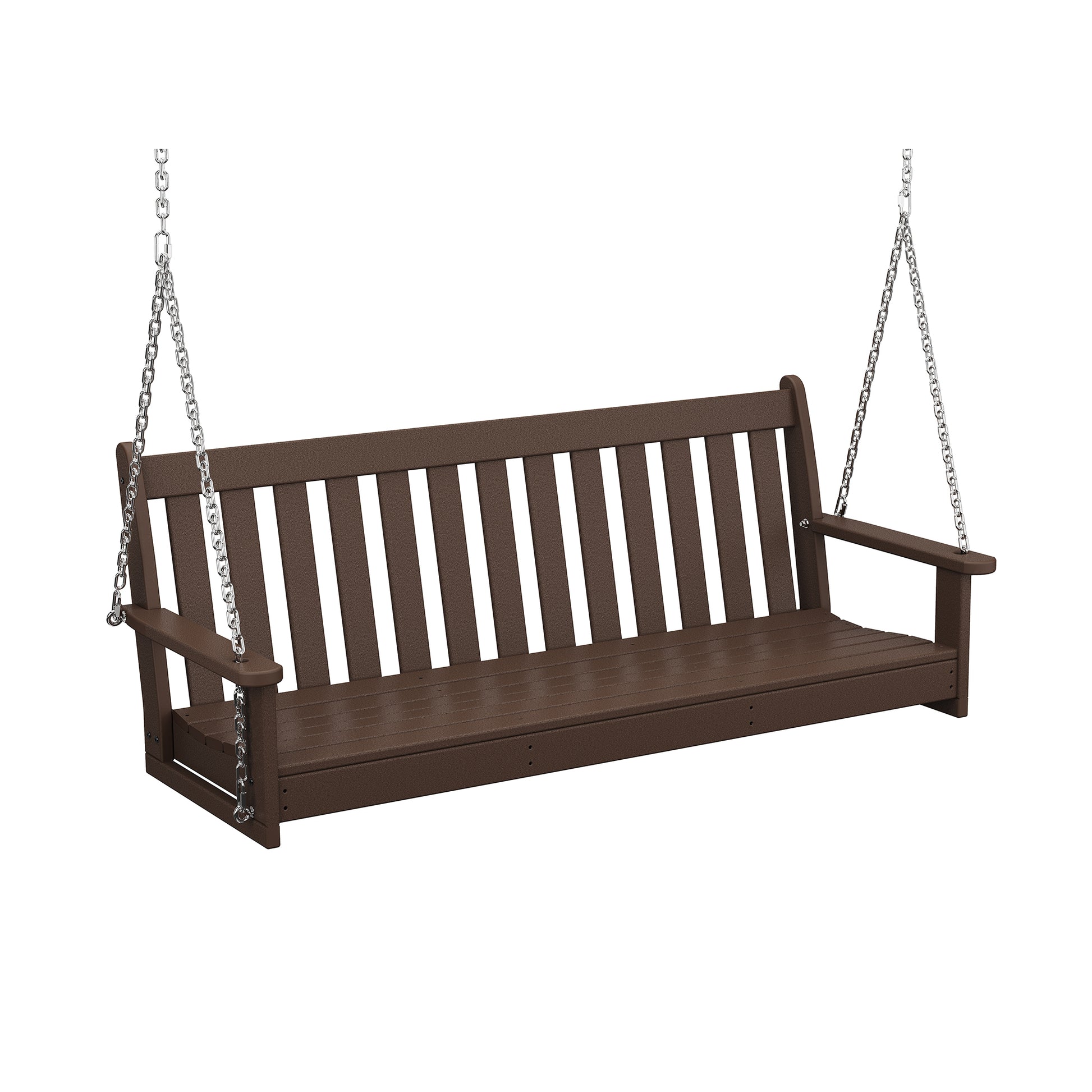A POLYWOOD® Vineyard 60" porch swing suspended by chains, featuring a horizontal slat back and seat in a rich brown color, against a white background.