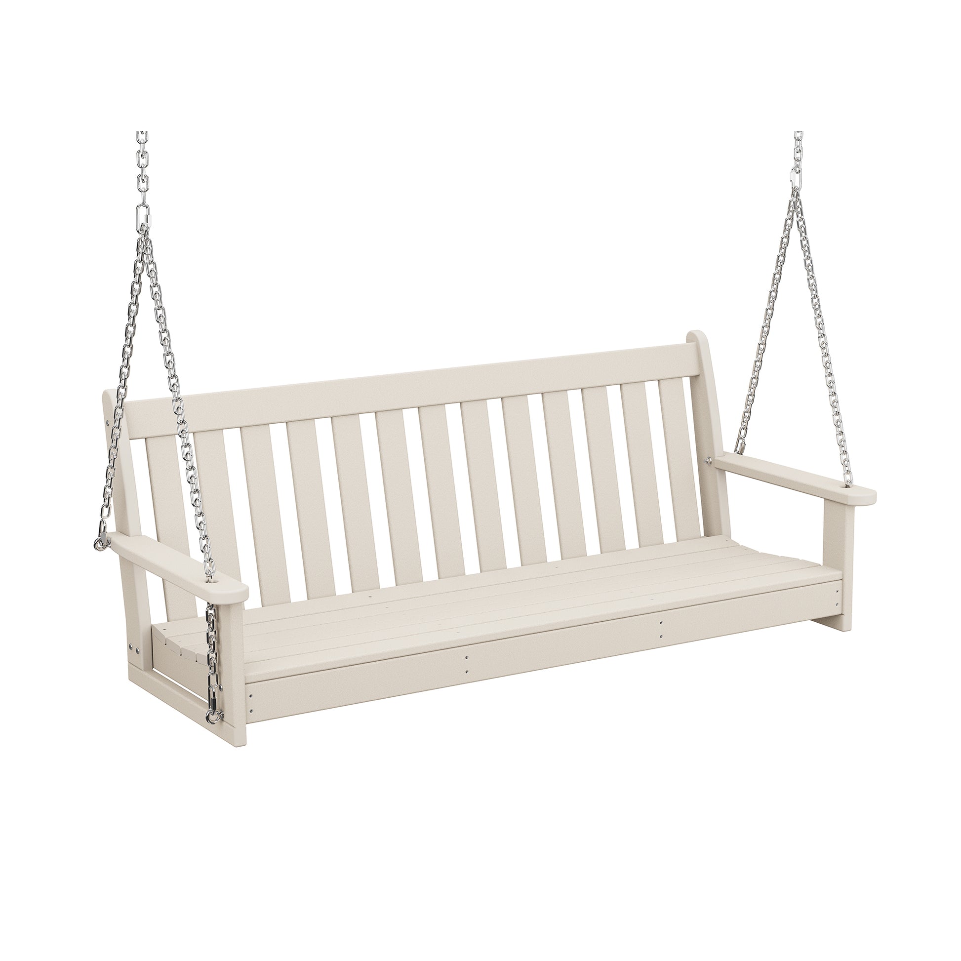 POLYWOOD Vineyard 60" Porch Swing with vertical slats and metal chains, finished in light cream, weather-resistant design.
